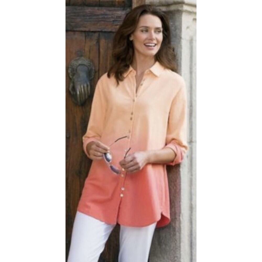 Soft Surroundings Size L Tunic Shirt Ocean Orange Ombré Button Up Long Sleeve
